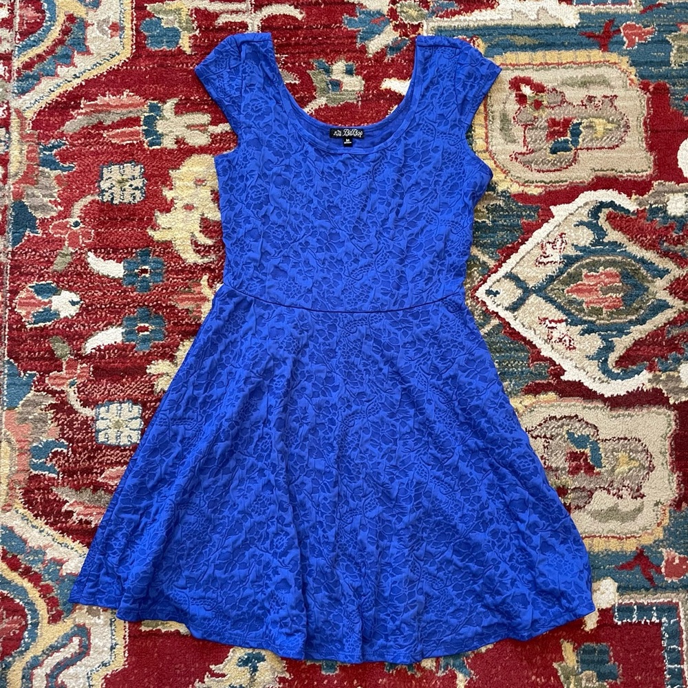 Blue Skater Mini Dress with Floral Inlay Detailing
